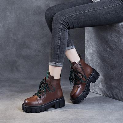 Bottines Martin en Cuir Véritable à Semelle Épaisse et Talon Haut