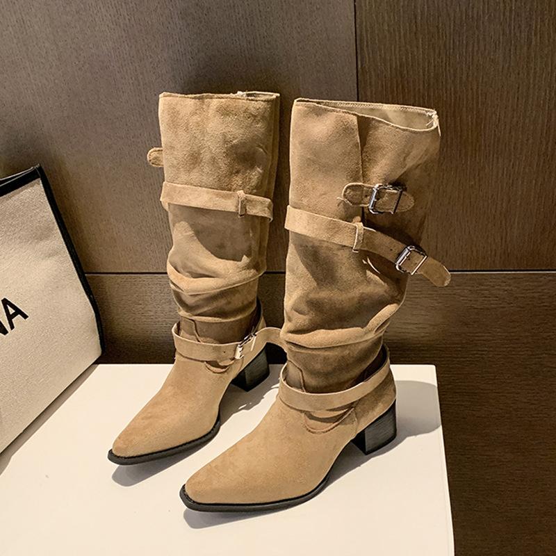 

Остроносые ковбойские сапоги-казаки женские 2025 новинка два способа носки ретро толстый каблук сапоги-рыцари 35