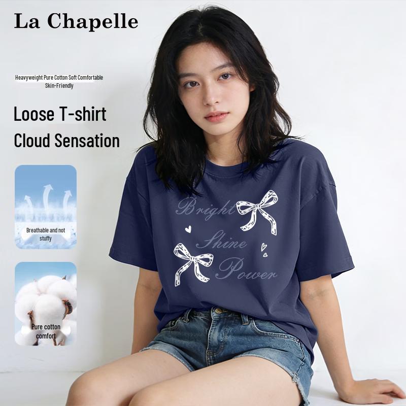 La Chapelle Women s Heavyweight Cotton T-Shirt with Heart Bow Print XL