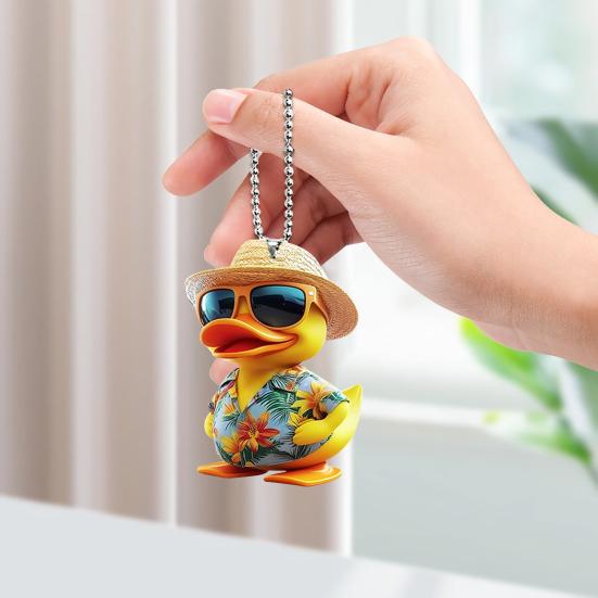 Car Rearview Mirror Pendant Cartoon Duck Key Chain 2D Acrylic Flat Car Ornament Safe Driving Accessory