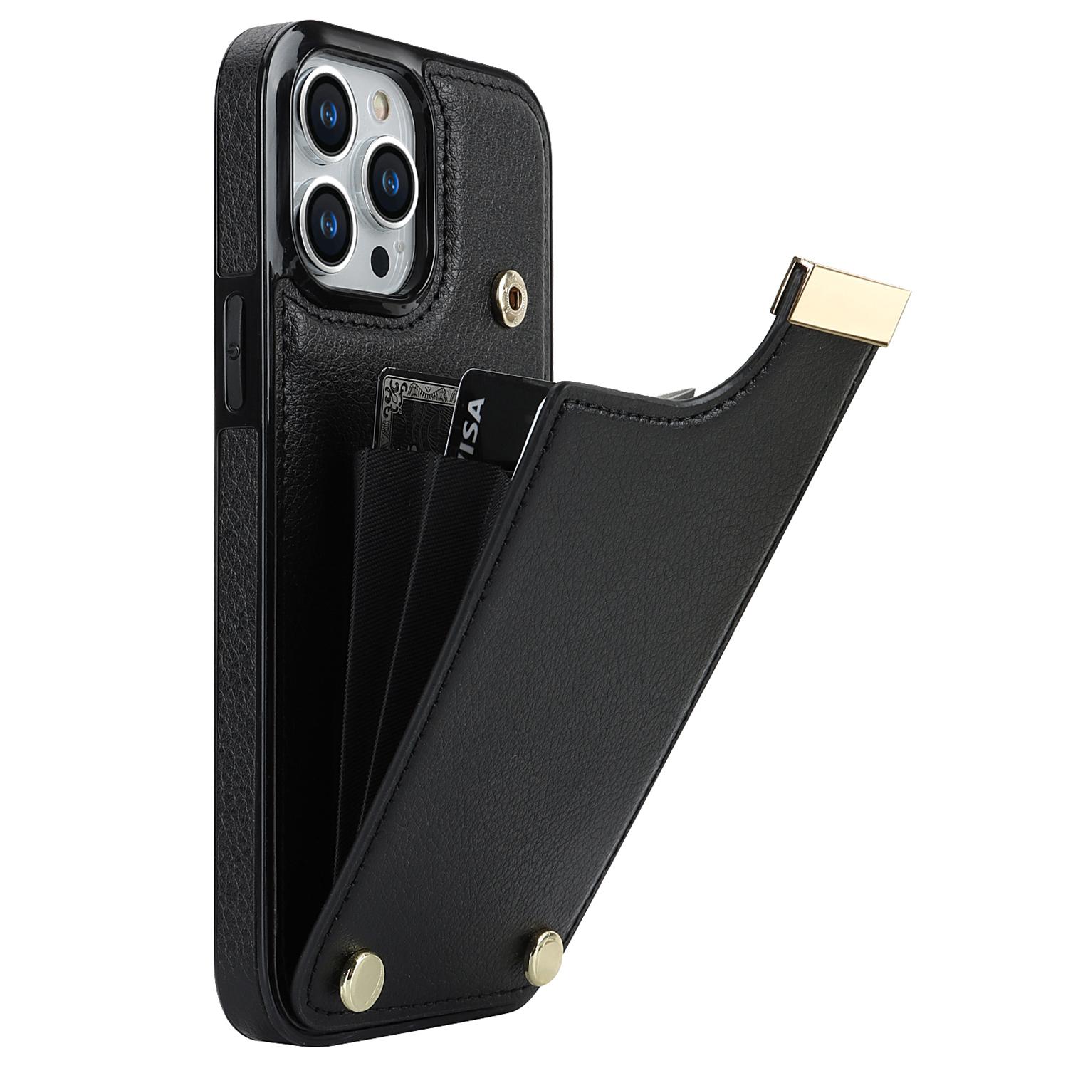 

For iPhone 15 Pro Max Case TPU+PU Leather+Metal Hardware Phone Cover with Card Holder Black