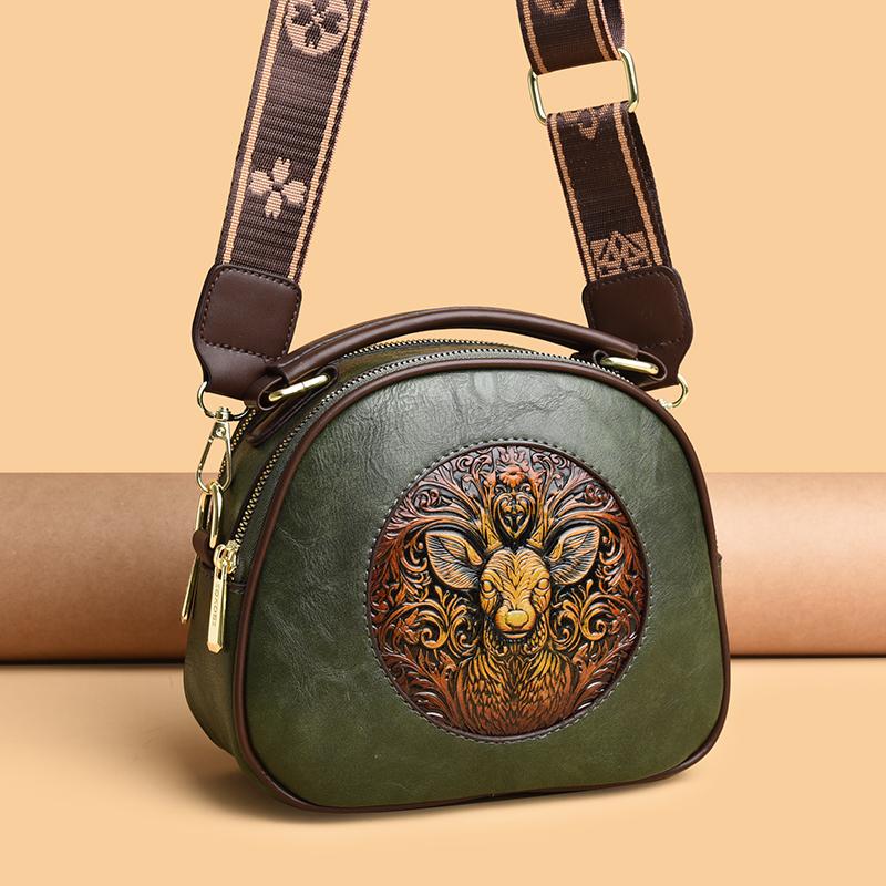 Exquisite Hand-Tooled PU Bag with Deer Design – Vintage-Inspired Crossbody and Top-Handle Bag for Women