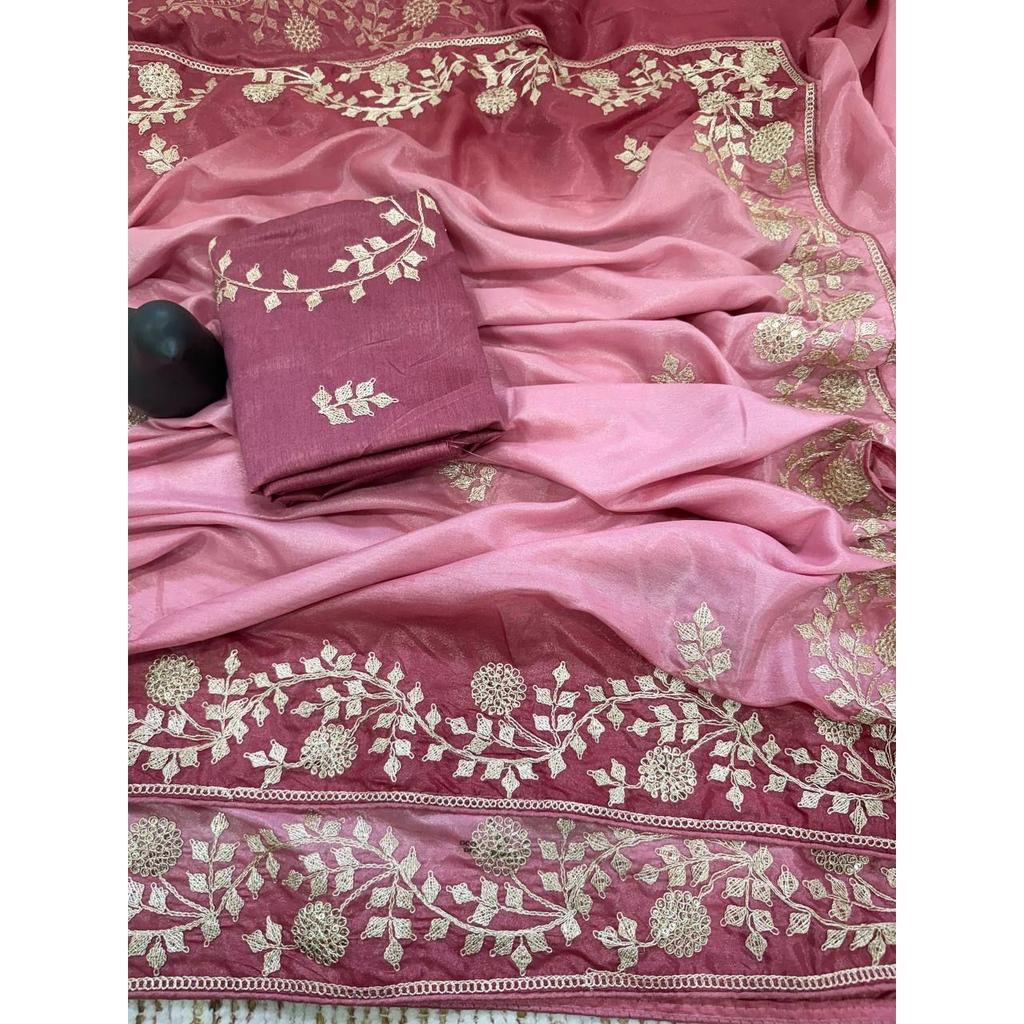 Căptușeală premium Mătase Chinon cu fir de aur și paiete pallu saree