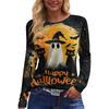 Women's Long Sleeve Round Neck Top with Halloween Print and Side Slit Hem for Casual Holiday Wear