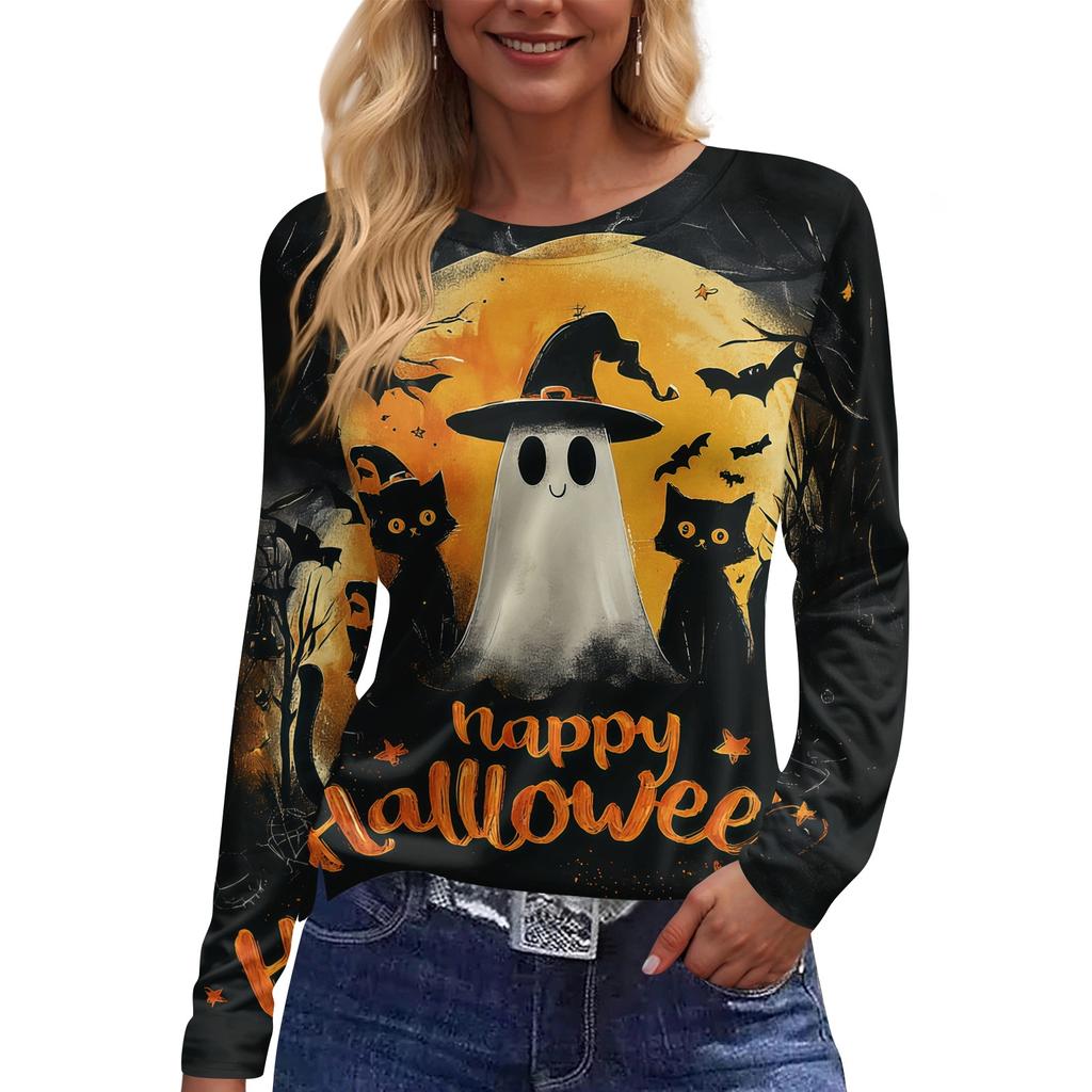 Women's Long Sleeve Round Neck Top with Halloween Print and Side Slit Hem for Casual Holiday Wear
