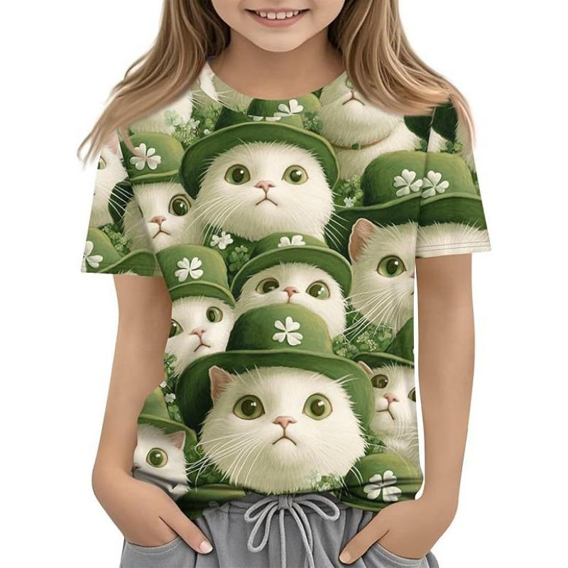 Fashionable Summer Trendy High-quality Four Leaf Clover Pattern Children's Women's Short Sleeved Round Neck T-shirt
