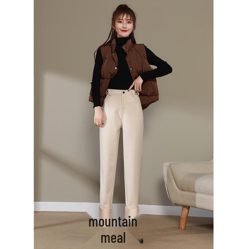Women's Black Wool Fleece-Lined High Waist Loose Straight-Leg Harem Pants for Autumn and Winter