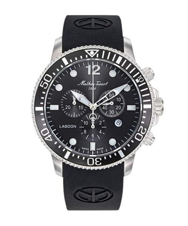 

Мужские часы Mathey-Tissot Lagoon Chronograph с силиконовым ремешком и черным циферблатом, кварцевые, H123CHALN 100M