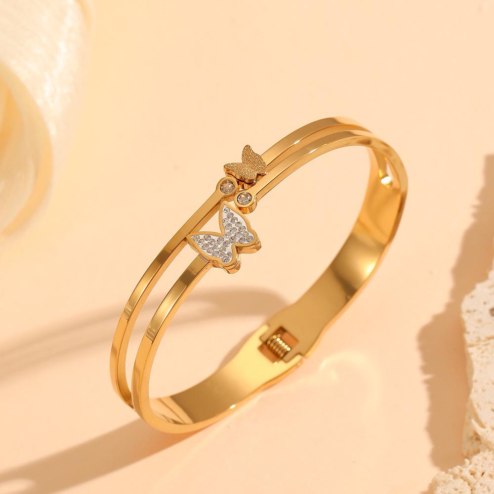 Titanium Steel Gold Butterfly Bracelet: Versatile, Light Luxury Double-Layer with Diamonds for Women.