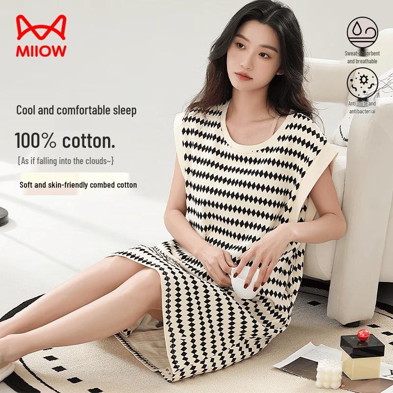 Women s Sleeveless Cotton Nightgown with Built-in Bra Pad L