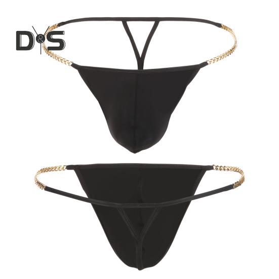 Men Thong Ice Silk Underwear Sexy G-Strings Metal Chains Hollow Out Comfortable Briefs Slim Fit High Elasticity Panties
