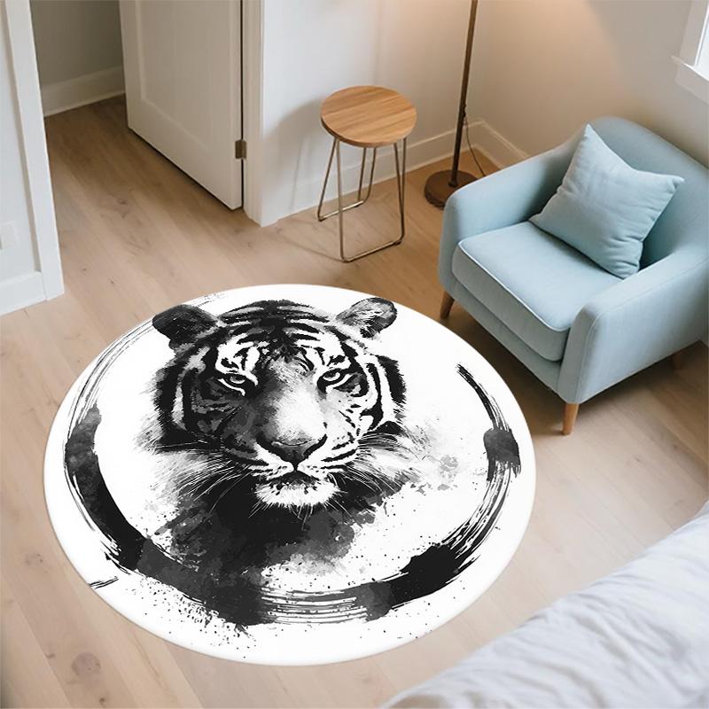 Black and White Ink Tiger Round Area Rug,Carpet Rug for Living Room Bedroom Sofa Playroom Decor,Non-slip Floor Mat