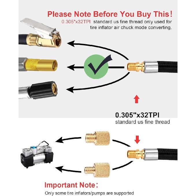 20'' Tire Inflator Hose Adapter, Lock On Air Chuck W/Converting Nuts & Presta Valve Adaptor For Air Compressor, Schrader Valve Adapter For Tire