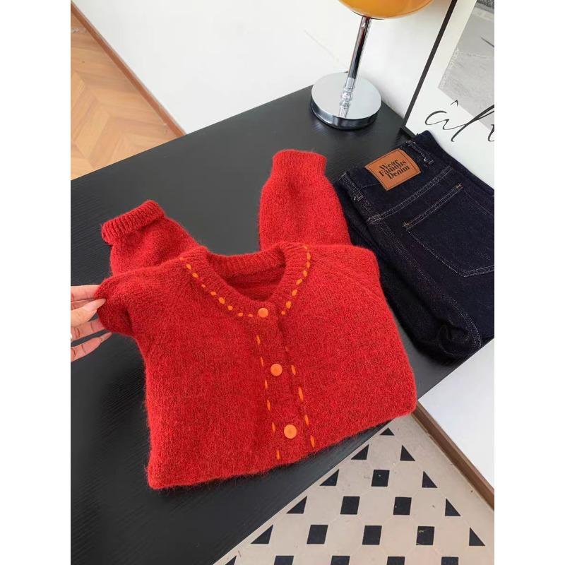 

Lazy gentle wind contrasting color crew neck sweater women s autumn and winter knitted cardigan top one size fits all червоний