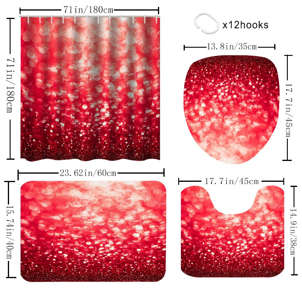 1/4 Red Bubble Circle Shower Curtains, Toilet Seat Decoration, Shower Curtain With Carpet And Toilet Lid, 12 70.8X70.8 Inch Hook