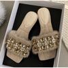 New Style Shoes for Women Summer Outdoor Peep Toe Modern Slippers Solid Rhinestone Square Heel Advanced Sense Women's Slippers
