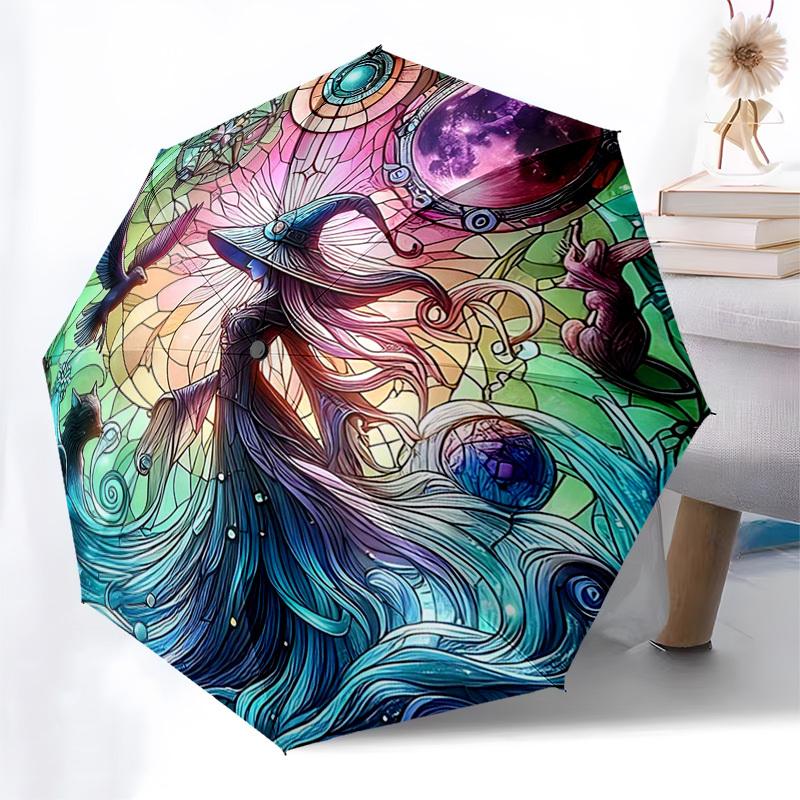

1pc Stained Glass Witch Design Automatic Opening Folding Umbrella with 8-Bone Iron Frame, Suitable for Fans, Travelers, Daily Use, and Festive Gifts -