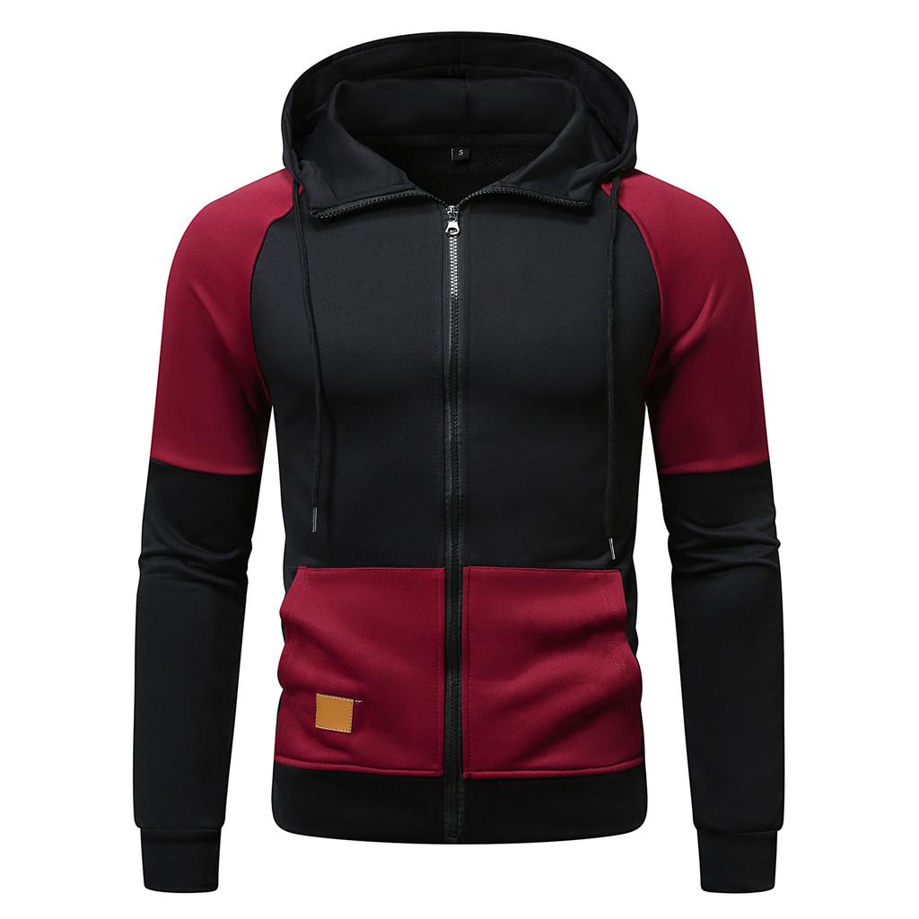 New autumn and winter men's hooded color-blocked sweatshirts, youth sports fashion cardigans, leather sweatshirt jackets