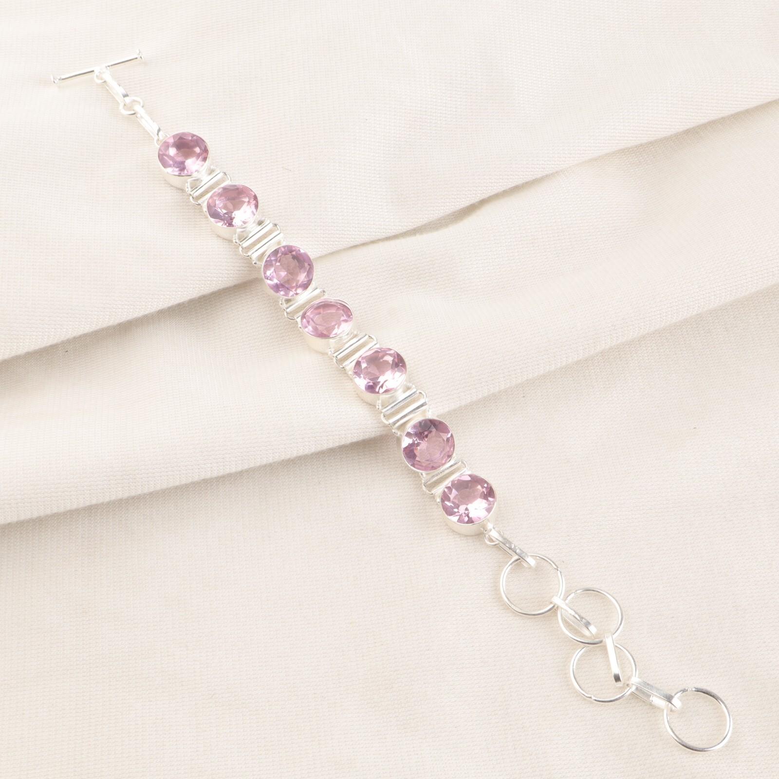 

925 Sterling Silver Pink Morganite Gemstone Jewelry Handmade Bracelet9 For Gift RB-7-9