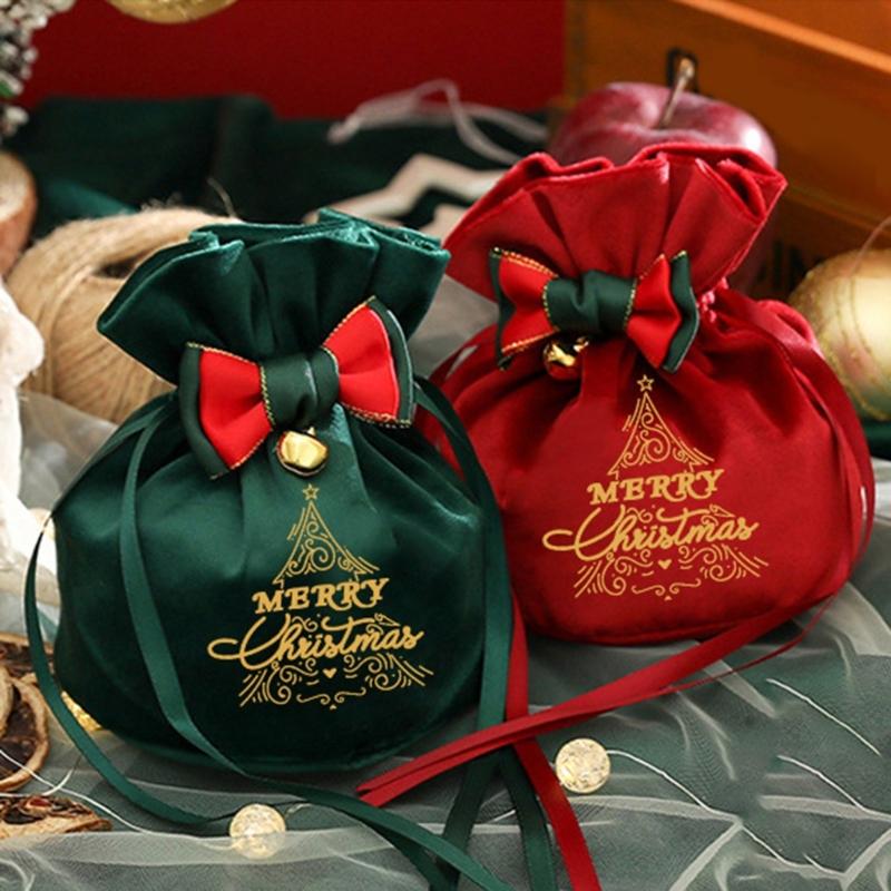 Reusable Holiday Velvets Treat Pouch Drawstring Gift Bag With Bowknot And Bell Christmas Party Decoration Accessories