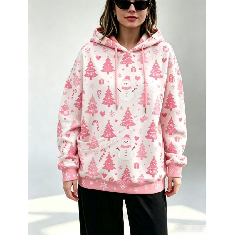 Womens Oversized Christmas Hoodie With 3D Print Loose Fit Large Slant Pockets Long Sleeve Holiday Party Casual Wear