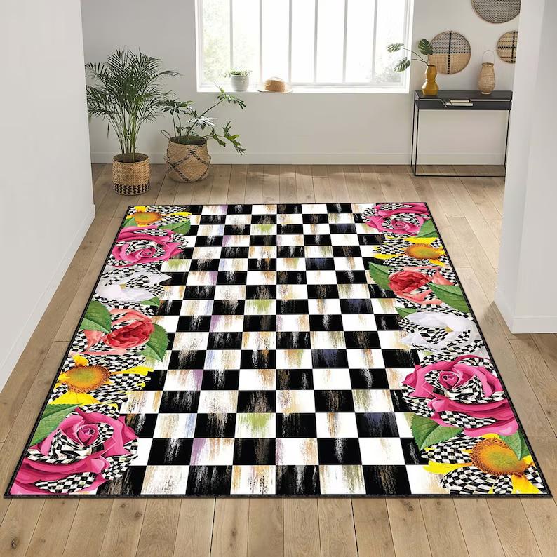 White and Black Checkered Area Rug with Flowers Pattern Carpet Beautiful Vibrant Flowers Pattern Rug Custom Home Decoration