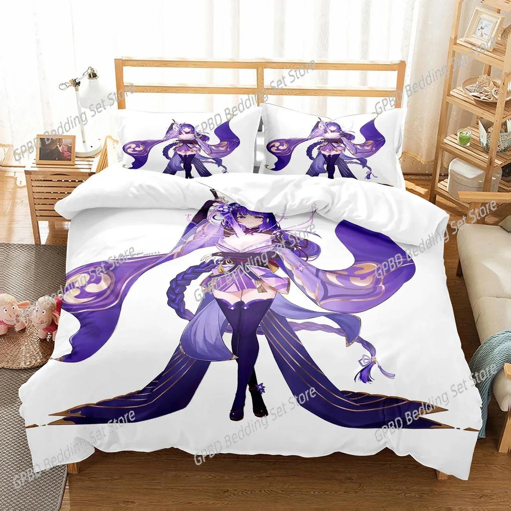 Luxury New 3D Print Genshin Impact Raiden Shogun Pillowcase Bedding Bag Cartoon Set Anime Bedding Decoration Cute Quilt Cover