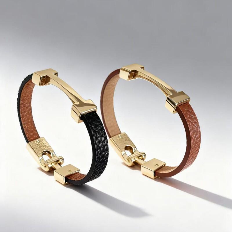 Minimalist Geometric PU Leather Flat Rope Bracelet Women Men Zinc Alloy Electroplated Brown Black Fashion Accessory