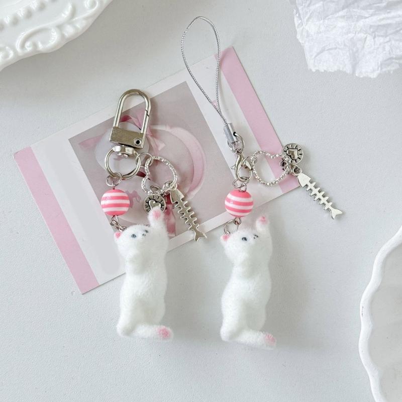 Lovely Cats Flock Design Soft Resin Keychain Phone Charm for Keys Stylish Sturdy Accessory