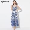 Urlaubsstil Blau-Weiß Porzellan Elegantes Neckholder Langes Kleid Sommer Neue Ankünfte Taillenbetont Plissiert Bedrucktes Kleid