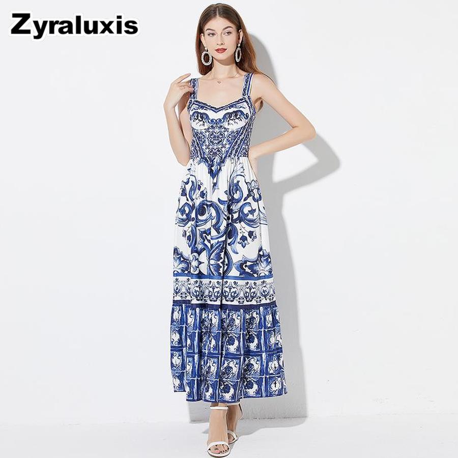 Urlaubsstil Blau-Weiß Porzellan Elegantes Neckholder Langes Kleid Sommer Neue Ankünfte Taillenbetont Plissiert Bedrucktes Kleid