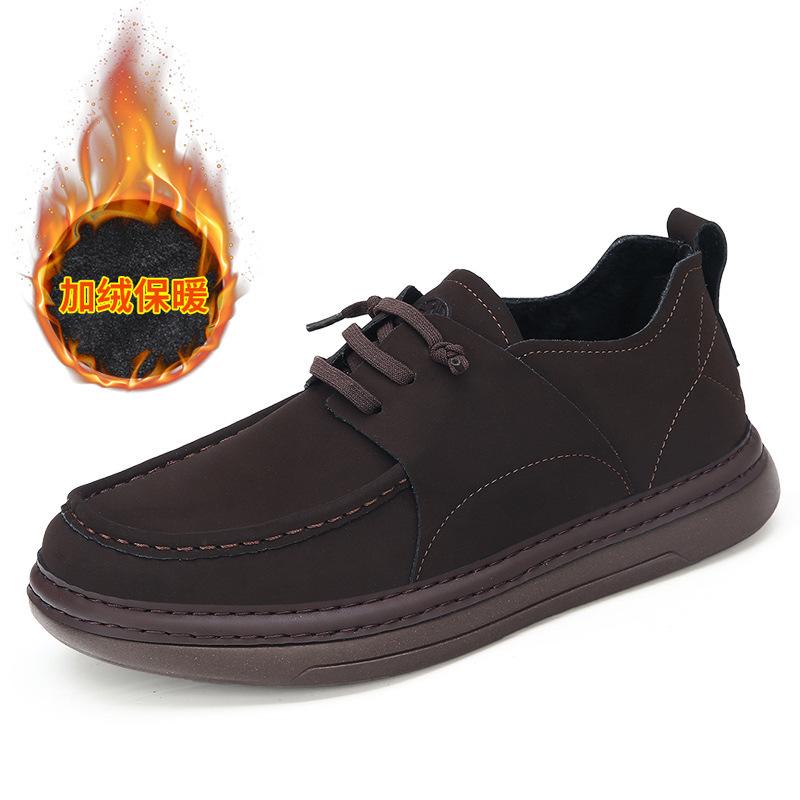 Casual leather shoes men's autumn and winter new soft sole trend versatile velvet comfortable warm men's cotton shoes genuine leather