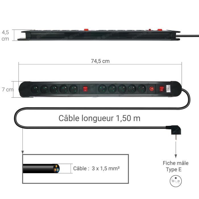 Multiprise avec parasurtenseur - WAYTEX 52157 - 10 prises - 2 interrupteurs - Câble 1,50m - Noir