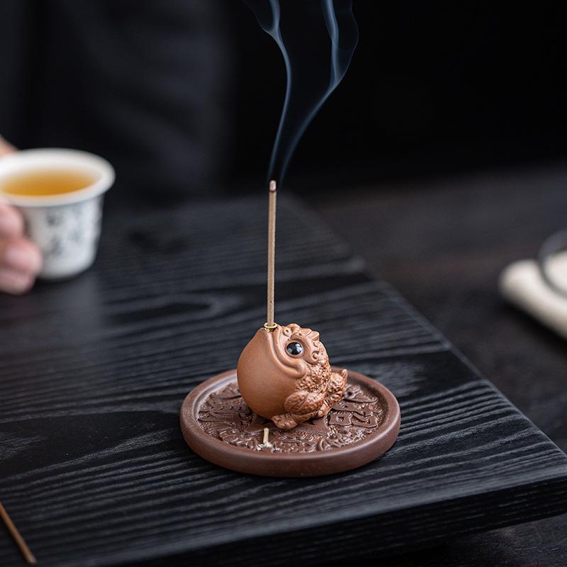 Purple Clay Golden Toad Incense Burner - Indoor Zen Tabletop Aroma Holder