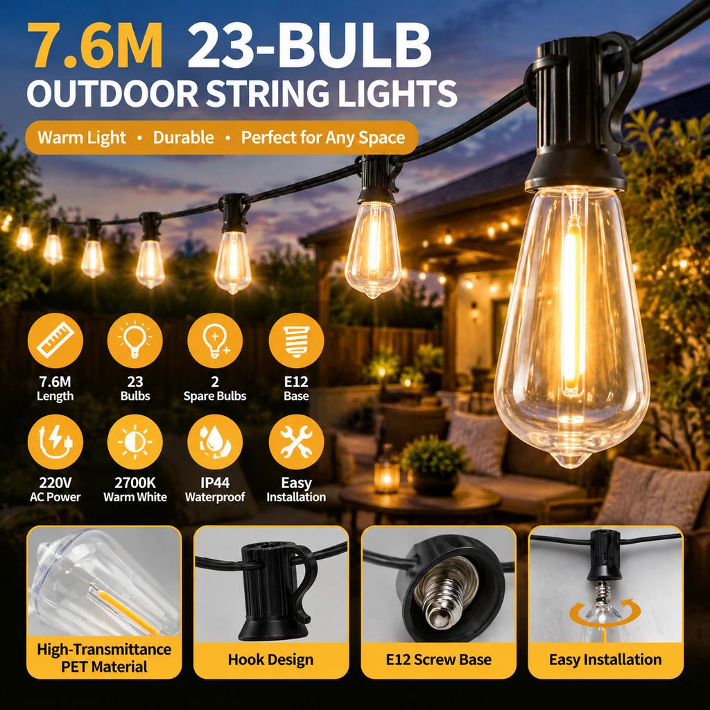 Outdoor LED Faux Tungsten String Lights IP44 Waterproof Warm White for Patio Camping