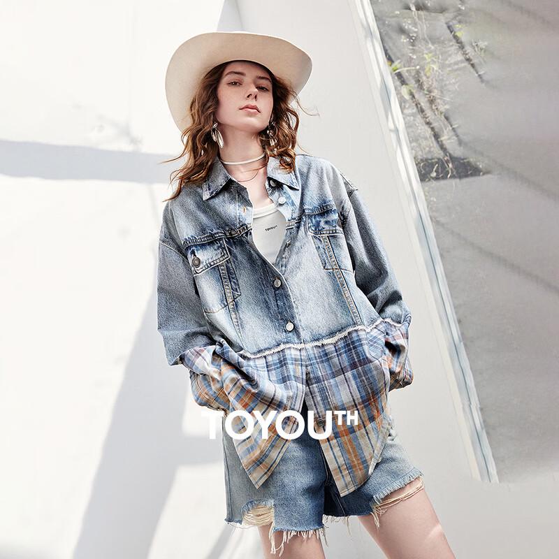 Women s Lyocell Cotton Plaid Patchwork Denim Jacket XL