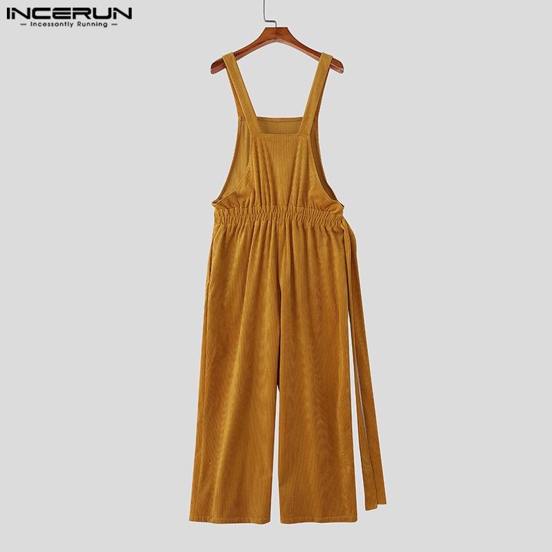 INCERUN Men Suspenders Corduroy Jumpsuit Overalls Strap Casual Loose Long Cargo Bib Pants