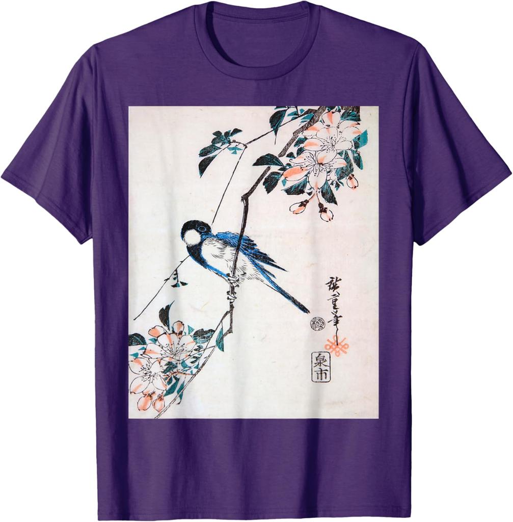 Great Titmouse on a Crab Apple Branch Utagawa Hiroshige Print Mens Casual Cotton TShirt
