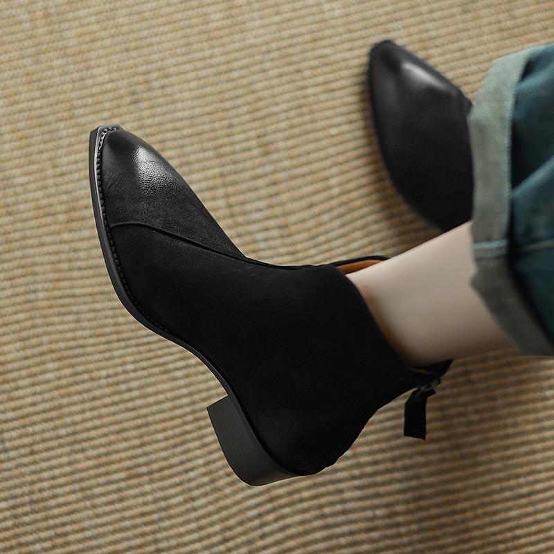 Fashion NEW Autumn/Winter Women Boots Pointed Toe Chunky Heel Shoes Genuine Leather Shoes for Women Casual Zip Ankle Boots Western Boots