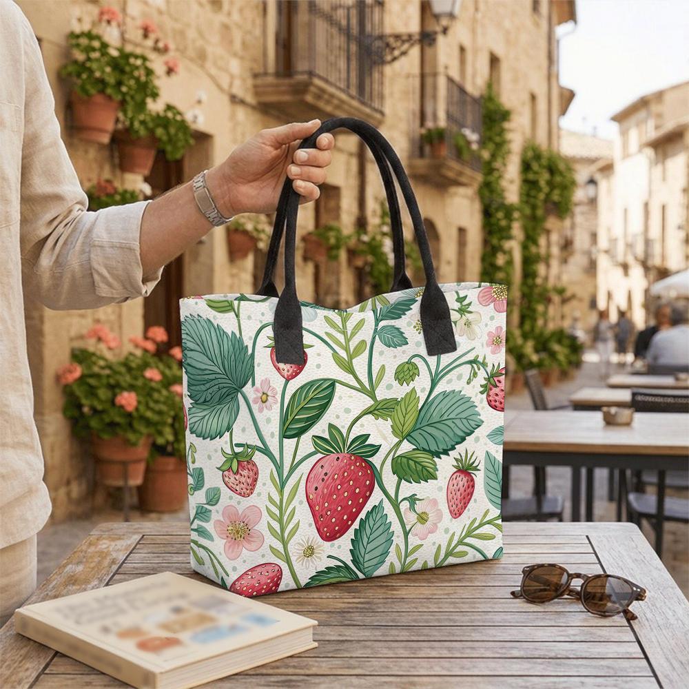 Cute Strawberry Printed Canvas Tote Bag for Women Casual Large Capacity Reusable Shopping Shoulder Handbag for Daily Use