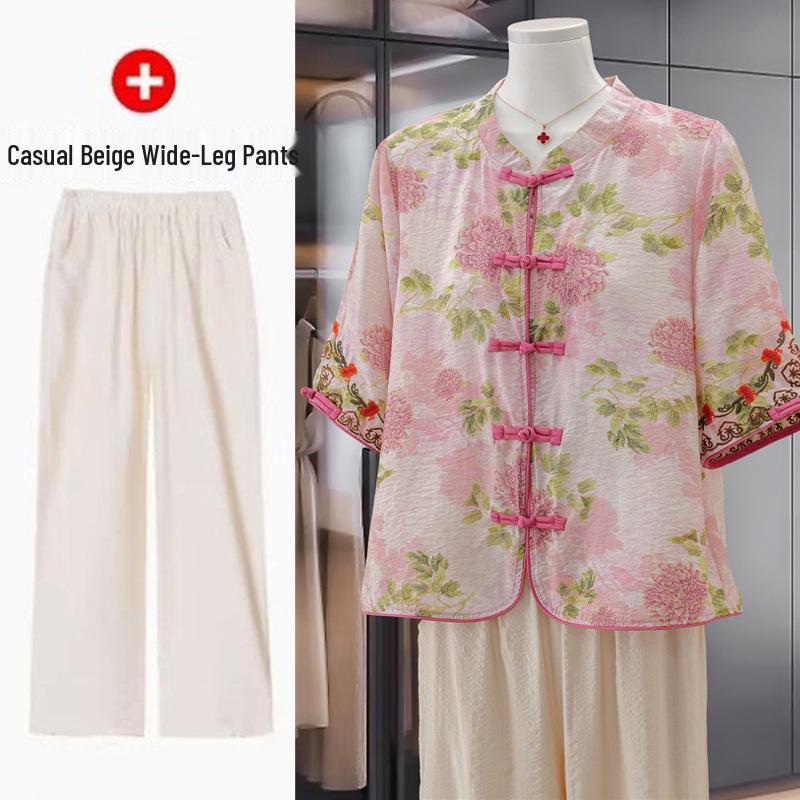 Elegant Retro Chinese Style Linen Tencel Blouse - Short Sleeve, Stand Collar, Frog Button, Loose Fit for Women