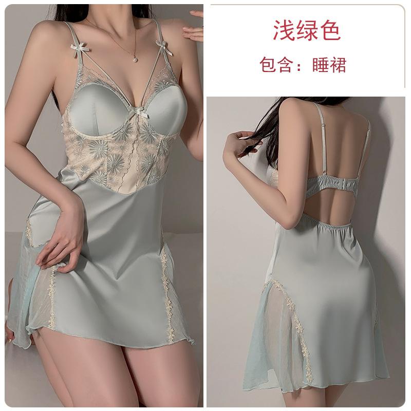 Women's Satin Lace Mesh Deep V Padded Sleep Dress with Tie Robe Lounge Set