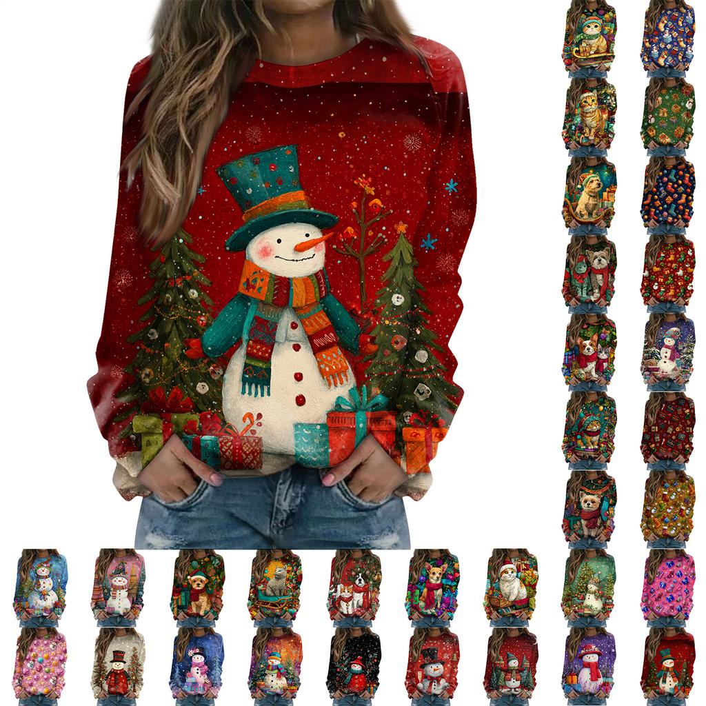 Women's Fashion Casual Long Sleeve Christmas Printed Neck Sweatshirt Top