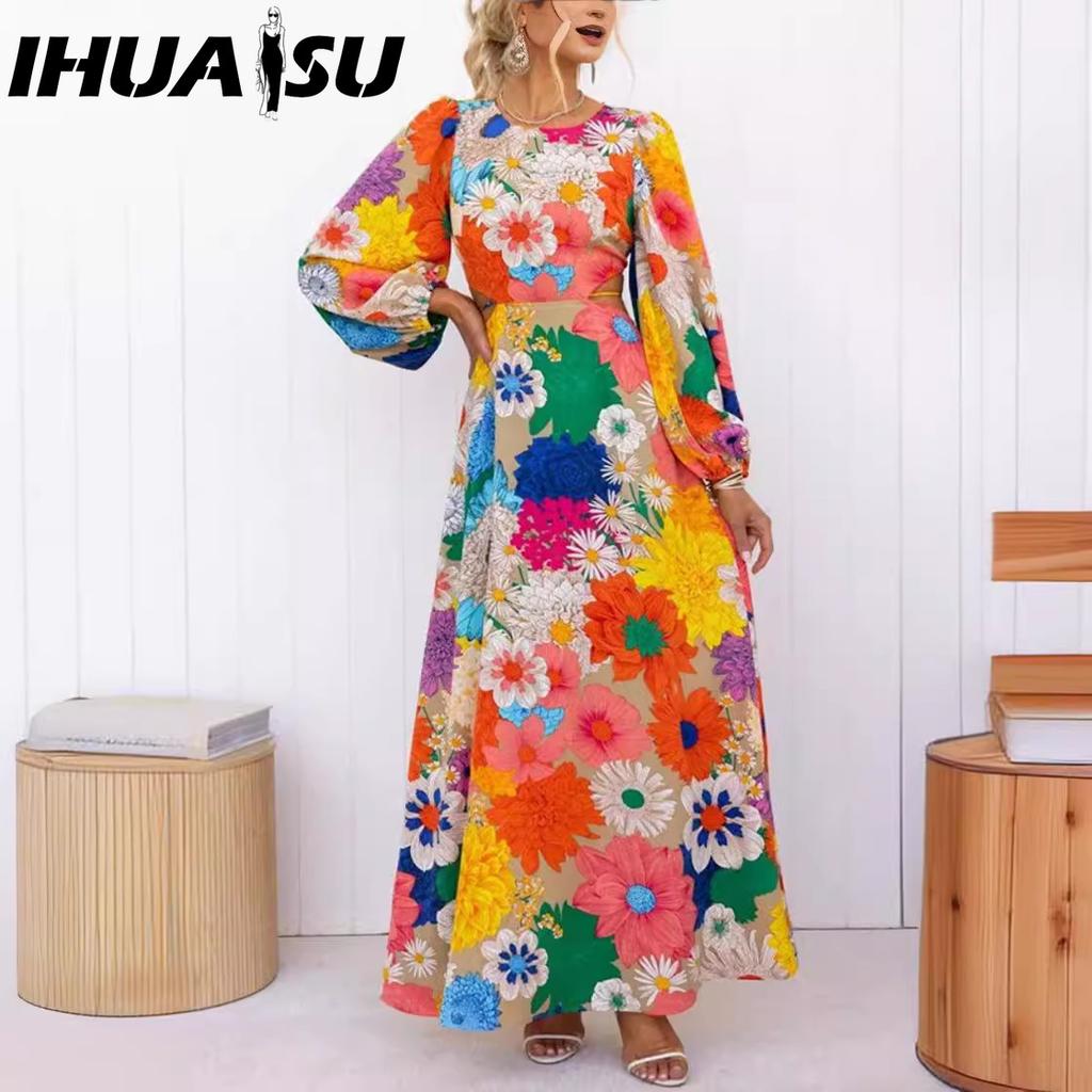 IHUASU Podzimní šaty s dlouhým rukávem a dopaminovým potiskem, kravatou a odhalujícím pasem, střih do ulice, pro ženy