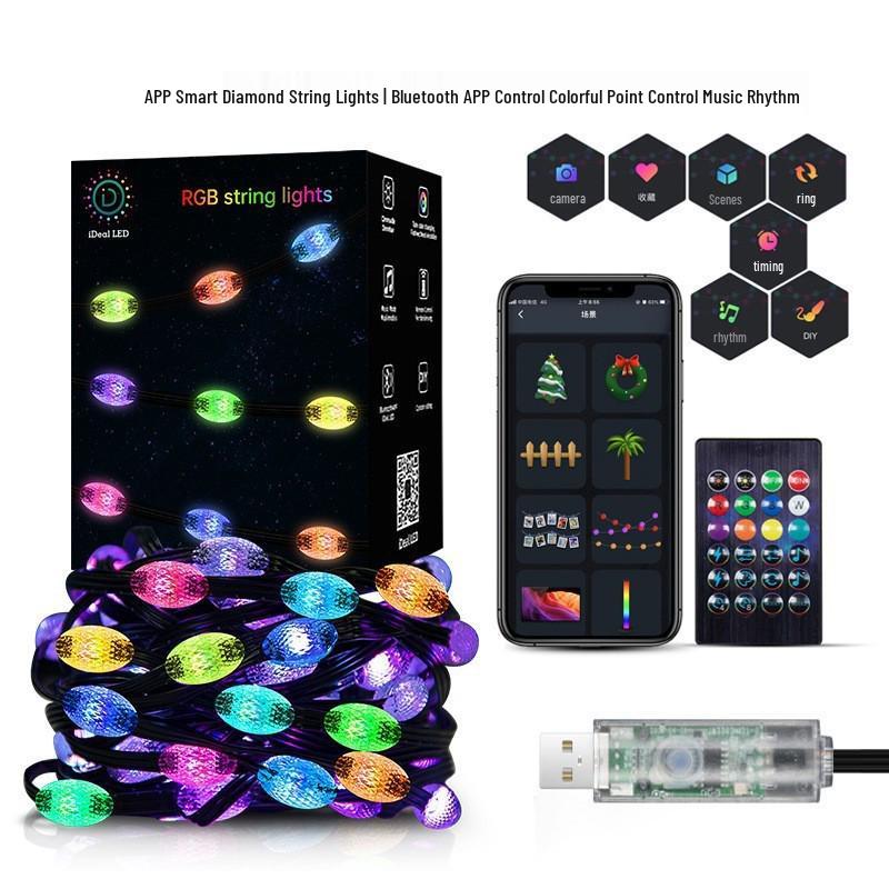 

APP-Controlled Waterproof RGB Colorful Leather Cord Courtyard Lights – DIY Diamond String Lights 5m 33 Lights