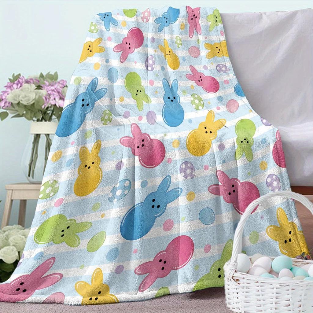 Soft Flannel Easter Bunny Egg Throw - Colorful Pastel Rabbit Design for Sofa TV All Seasons Gift Machine Washable