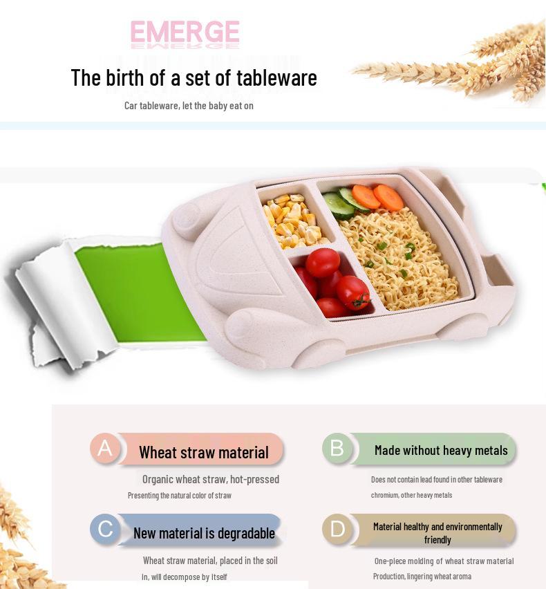 Wheat Cartoon Car Kids' Tableware Set: Divided Plate, Chopsticks, Fork, Spoon, Cup.