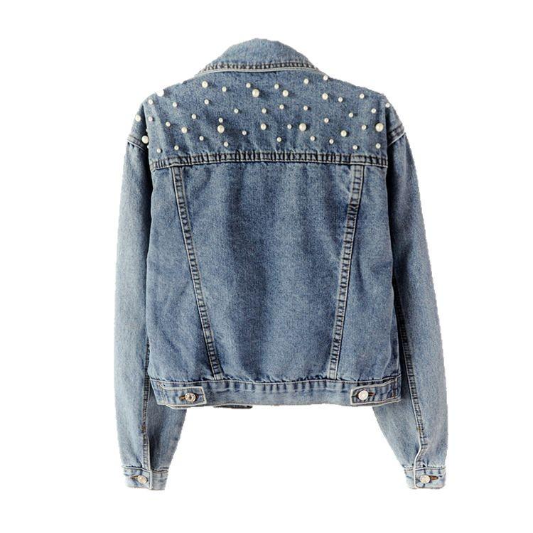 Women's Beaded Pearl Ulzzang Denim Jacket - Loose Fit, Spring/Autumn