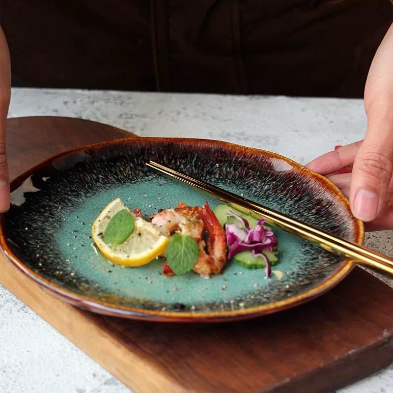 Creative European Ceramic Dinner Plate, Kiln-Changed Green Glaze Steak Plate, Household Salad Dish
