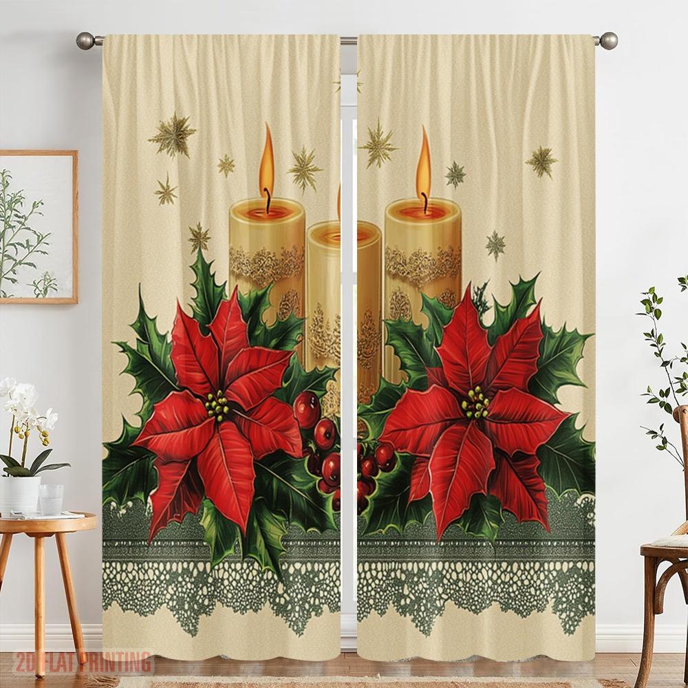 2pcs,2D Plane Printing Minimalist Curtains Christmas Candles Poinsettia Stars (2) Versatile Fabric (without Rod) Gifts for